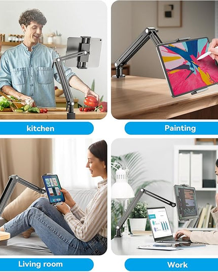 Jakeko Adjustable Tablet Mount for Desk - 360 Degree Rotating Base Tall Arm Holder Stand Swivel Flexible Clamp Soporte para Tablet/Portable Monitor/Ebook