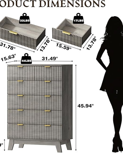 BORNOON 46" Tall Dresser for Bedroom, 6-Drawer Fluted Chest of Drawers, Modern Wood Highboy with Deep Storage, Metal Slides and Handles, Anti-Tip Kit, Vertical Clothes Organizer for Apartment, Nursery