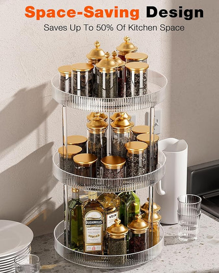 3 Tier Lazy Susan Bathroom Countertop Organizer, 360° Clear Rotating Makeup Cosmetic Perfume Storage Tray, Spinning Vanity Organizer Shelf for Bathroom Cabinet, Dresser, Kitchen(Large)