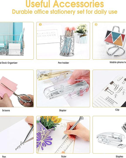 Silver Desk Organizers and Accessories Office Supplies Set Stapler, Pen Holder, Phone Holder, Scissors, Pen, Ruler, 30 Paper Clips, 22 Binder Clip, 20 Tacks and 1000pcs Staples