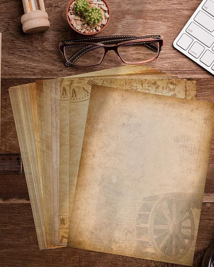 Tlenpo 128PCS Vintage Paper 8.5 x 11 in Double-sided Aged Paper for Writing Letter writing Paper, Decorative Printer Paper for Invitation, Resume, Diploma, Art, Certificate Antique, 8 Designs
