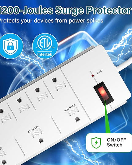 Elecan Surge Protector Power Strip with 8 Ft Extension Cord, 8 Widely Spaced Outlets with Safety Cover, 45 Degree Flat Plug Wall Mountable Multi Outlet Extender, Heavy Duty 14AWG, 1200J/125V,ETL-White