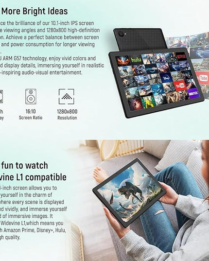 MUISOO Tablet 10 Inch, Android 14 Tablet PC, 8GB RAM+64GB ROM (1TB TF), Octa-Core 2.0 GHz, Bluetooth 5.0, WiFi 6, Widevine L1, 5MP+8MP, 5000mAh,Type-C (Black, 10)