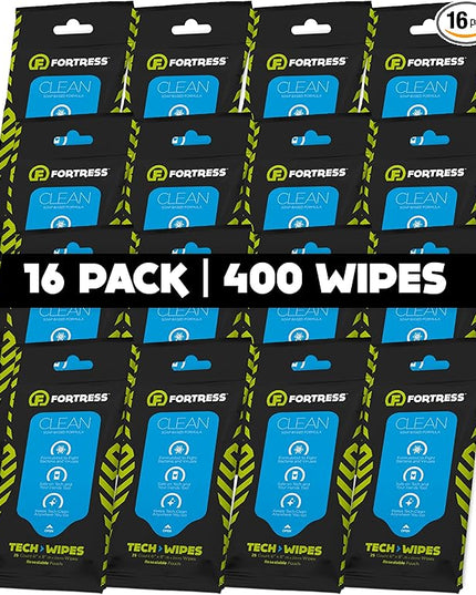 Fortress Electronic Wipes (25 ct, Pack of 16) To-Go Tech Wipes for Screens, Phones, Keyboards, TV Monitors, Computer Screens, and More [Travel Size] Skin-Safe