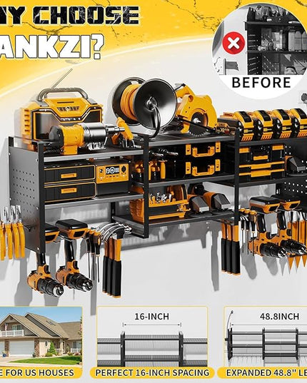 Power Tool Organizer with Charging Station Wall Mount, 3 Layer Expanded Heavy Duty Garage Organization, 48.8 Inch Length Garage Tool Storage, 4 Drill Slot, 16" Standard Hole, Black