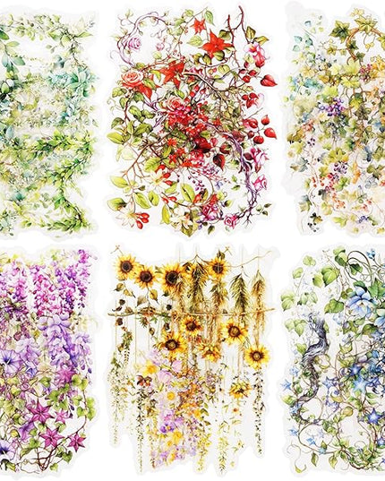 AuriicLeaf Floral Vine PET Stickers, 120 Pcs Large Botanical Ephemera for Scrapbooking, Journaling, DIY Crafting, and Art Supplies