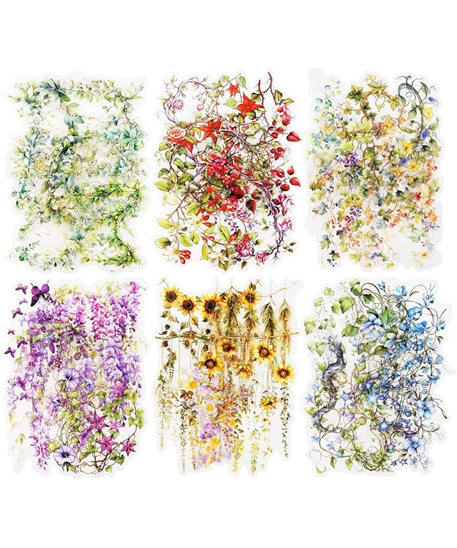 AuriicLeaf Floral Vine PET Stickers, 120 Pcs Large Botanical Ephemera for Scrapbooking, Journaling, DIY Crafting, and Art Supplies