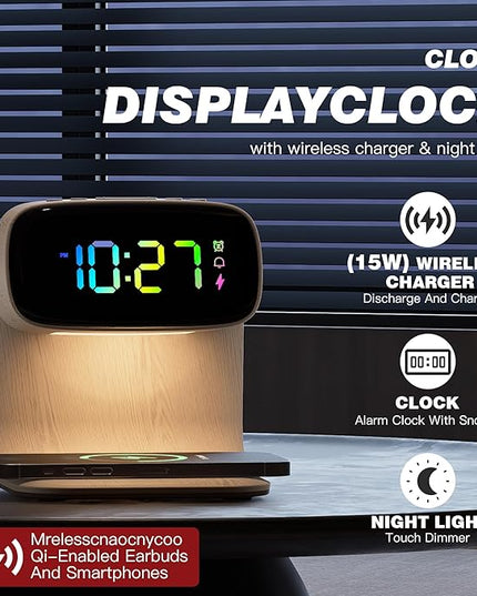 Digital Alarm Clock with Wireless Fast Charging Station 15W Touch Smart Lamp for Bedside,3 Colors Nightlight Adjustment Night Lamp for Living Room,Bedside,Heavy Sleepers (Woodgrain+Cable&Adapter)