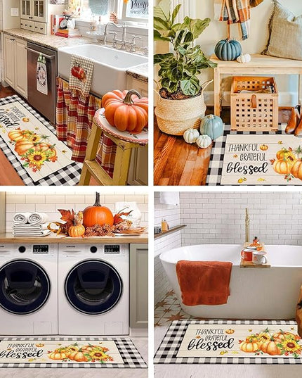 Pauwer Fall Kitchen Rugs Set of 2, Pumpkin Decorative Anti Fatigue Kitchen Mats for Floor, Farmhouse Buffalo Plaid Kitchen Mat Cushioned, Non Slip Kitchen Runner Floor Carpet Autumn Thanksgiving Decor