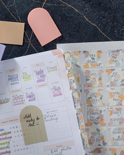 DIVERSEBEE Laminated Planner Monthly Tabs, 24 Peel and Stick Tabs for Notebooks (12 Month Tabs and 4 Blank Tabs), Calendar Monthly Tab Stickers for Planners, Monthly Dividers (Mist) DB117