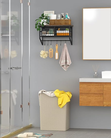 Helsin Industrial Wall Mounted Metal Wood Floating Shelves with Baskets Hooks Hanging Display Shelf Sundries Holder for Coffee Bar Kitchen Bathroom Organization and Home Decor, Black (16inch, 2 Sets)