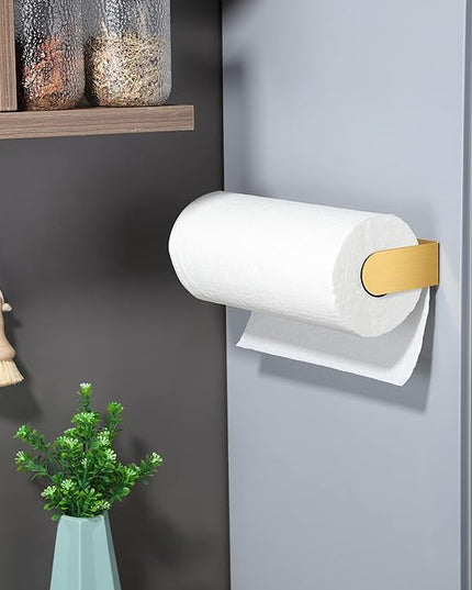 YIGII Adhesive Paper Towel Holder Under Cabinet - Single Hand Operable Paper Towel Rack Stick on Counter for Kitchen, SUS-304 Stainless Steel (Brushed Gold)