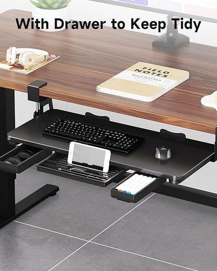 Keyboard Tray Under Desk with Storage Drawer Large C-Clamp 26.7”(31” Including Clamps) x 11.8” Slide-Out Platform Computer Drawer Pull Out Keyboard & Mouse Tray DSF7CT