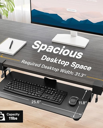 BONTEC KMT01 Under Desk Keyboard Tray, Pull-Out Keyboard & Mouse Platform with C-Clamp, 25.6 x 11.8 in Space-Saving Ergonomic Slide-Out Drawer, Black