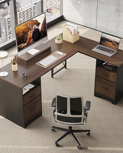 Bestier L Shaped Desk with 4 Drawers, 63" x 47" Executive Desk with Open Storage & Monitor Stand, Corner Desk with 2 File Drawers & Modesty Panel for Home Office, Cherry