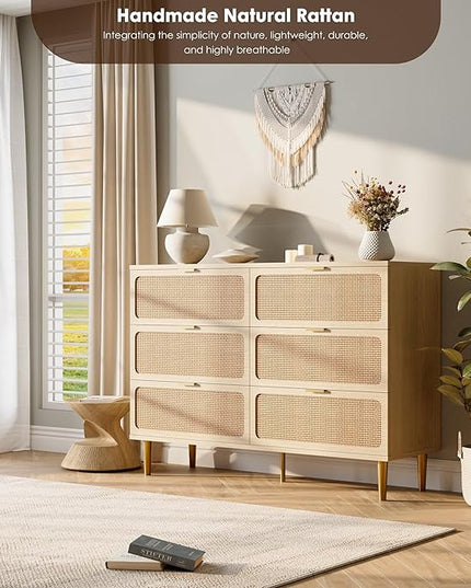 Garvee Rattan Dresser with 6 Drawers, Tall Modern Closet with Deep Storage, Large Chest of Drawers with Wide Top, Long Wooden Dresser for Bedroom, Living Room, Hallway, Kids Room, Natural