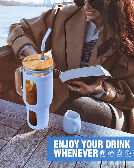 Glass Tumbler with Lid and Straw, 46 oz Iced Coffee Cup with Handle, Large Water Bottles with Silicone Sleeve, Glass Cup with Straws - Pearl Straw & Drinking Straw BPA Free-Glacier