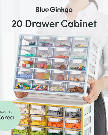 Blue Ginkgo Small 20-Drawer Cabinet – Stackable Clear Organizer for Hardware, Beads, Plastic Bricks, Office, and Craft Storage (Made in Korea, Blue)