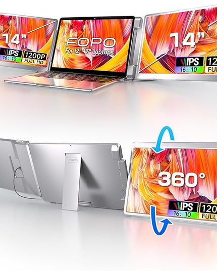 FOPO 14" Triple Monitor Laptop Screen Extender-FHD 1200P 16:10 Laptop Screen Extender, Left Screen 360° Flip Portable Monitor for 12-16.5" Laptops with HDMI/USB-C, Plug & Play - S7
