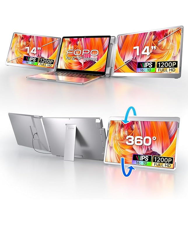 FOPO 14" Triple Monitor Laptop Screen Extender-FHD 1200P 16:10 Laptop Screen Extender, Left Screen 360° Flip Portable Monitor for 12-16.5" Laptops with HDMI/USB-C, Plug & Play - S7