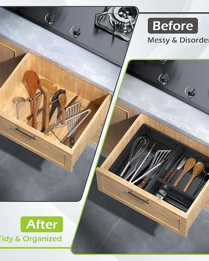 Bamboo Drawer Organizer Set, 5 PCS Multi-use Varied Sizes Junk Drawer Organizer Kitchen Storage Box for Office, Home, Bedroom, Bathroom, Black
