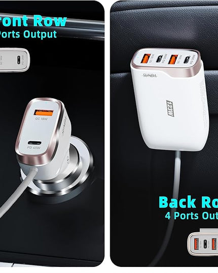 6-Port USB-C Car Charger, 123W Fast, PD 45W Compatible with iPhone16/Galaxy/Samsung S24, Cigarette Lighter Adapter with 5.7FT Cable for Rear Seat Charging (White)