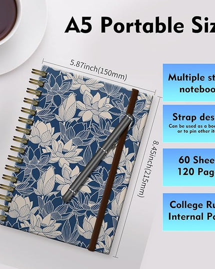 Spiral Journal Notebook, A5 Cute Notebooks for Women Men, College Ruled Hardcover Notebook for Work & Note Taking, 60 Pages Double-Wire Journals for Writing (Blue)