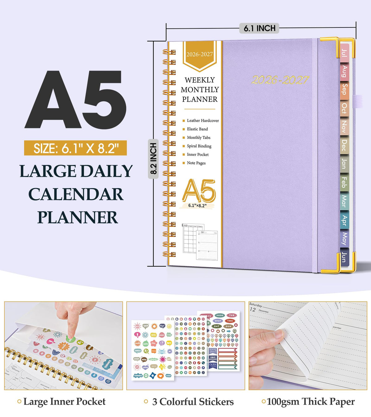 Academic Planner 2026-2027, Hardcover Leather Weekly and Monthly Calendar Planner from July 2026 - June 2027, A5 6.1" x 8.2" Daily Agenda with Tabs, College School Organizer for Student Teacher, Purple