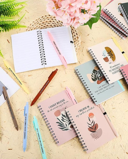 Kosiz 24 Pcs/12 Set Positive Affirmation Gifts Gratitude Spiral Notebooks with Pens Motivational Encouragement Notepads Daily Affirmations Journal for Women Valentine Galentine Gifts (Plant)