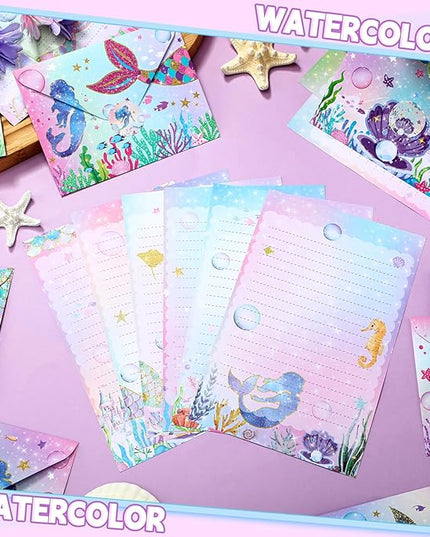 TaoBary 160 Pcs Stationery Paper Set 50 Double Sided Stationery Papers with 50 Matching Envelopes and 60 Round Dot Sticker, 10 Design(Mermaid,5.5 x 8.25 Inch)