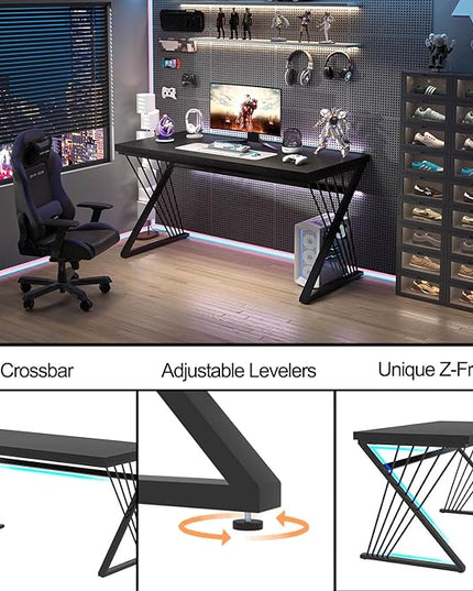 FOLUBAN Black Desk, Modern Wood and Metal Computer Desk for Home Office, Simple Writing Work PC Desks for Bedroom, Industrial Study Gaming Table for Living Room, Black, 53 Inch