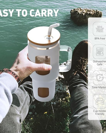 Glass Tumbler with Straw and Lid, 40 oz glass cup with handle, Glass Water Bottles with Time Marker, Silicone Protective Sleeve-White