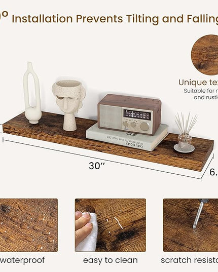 Dreamland 30Inch Floating Shelves for Wall, Rustic Wooden Floating Shelves for Bathroom|Bedroom|Kitchen, 2 Pack Deep Wall Mounted Book Shelf, Wood Storage Display Shelf for Home Decor, Brown