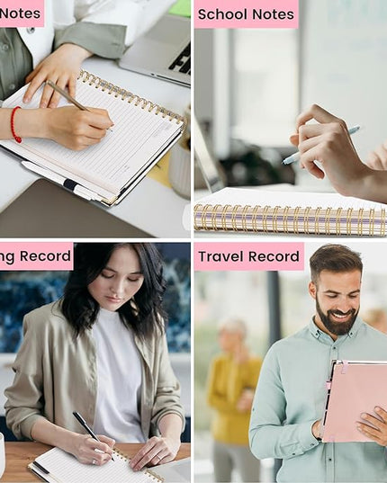 FLYING EAGLE Leather Spiral Notebooks for Work 5 Subject Notebook College Ruled with Dividers Pen, 360 Pages B5 Hardcover Lined Journals for Women Men Writing,Pink