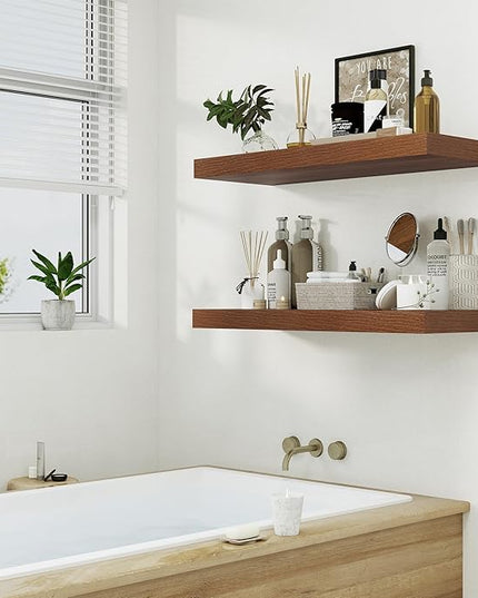12" Deep Walnut Floating Shelves,Over Toilet Long Wall Mounted Modern Farmhouse 36 inches,Wall Shelves with Invisible Brackets for Bedroom, Bathroom, Living Room, Kitchen, Set of 1