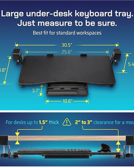 Keyboard Tray | Under Desk Keyboard Tray Slide Out w/Adjustable C-Clamps for Desks Up to 1.5-Inch-Thick | Clamp On Drawer with 1x USB-C to 4 USB-A Hub and 1x Five-Cable Management Organizer