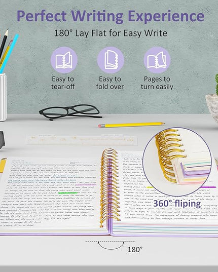 Hardcover Spiral Notebook Journal, 8"x10" Large B5 Notebooks with Removable Dividers Tabs, 300 Pages Leather 5 Subject Notebook College Ruled, Journal for Work School Note, 100 GSM Thick Paper,Purple.