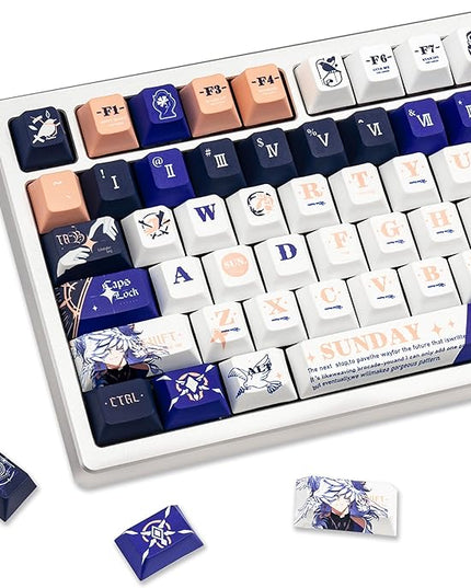 PBT Material Keycaps 130 Keys，Japanese Anime Style Keycaps Cherry Profile Dye Sublimation Keycap Blue White Custom Key Cap Set for Mechanical Keyboard 61/64/75/84/87/104/108 Layout