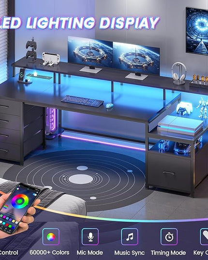 SEDETA 75'' Computer Desk with 5 Drawer, Power Outlet & Led Lights, Home Office Desk with File Drawer, Storage Shelves, Printer Cabinet and Monitor Shelf, 23.6" W Large Desktop Gaming Desk, Black
