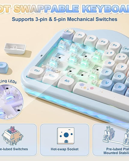 YUNZII C75 Wireless Mechanical Keyboard,75% Layout, Hot-Swappable NKRO,BT5.0/2.4G/USB-C Mode,Dye-Sub PBT MOA Keycaps,RGB Gasket Mount,Cute Cake Design for Mac/Win/Gaming (Blue, Milk V2 Switch)