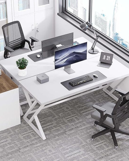 LVB White Computer Desk, Modern Wood Home Office Desk for PC Writing Work, Metal Wooden Executive Workstation Student Simple Desk, Computer Study Gaming Bedroom Table, 55 Inch, White Oak