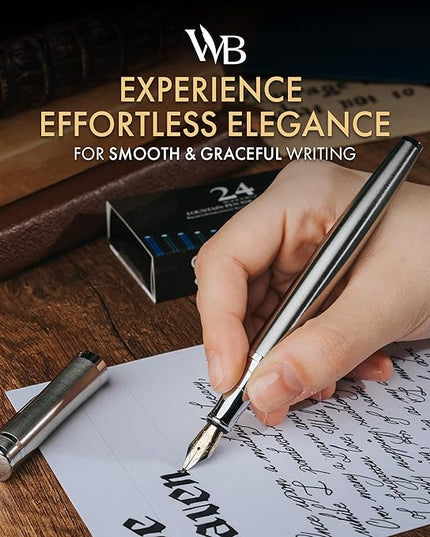 Wordsworth & Black Fountain Pen Set, Bent Nib, Includes 24 Pack Ink Cartridges, Ink Refill Converter & Gift Box, Chrome Finish, Calligraphy, [Silver Chrome], Perfect for Men & Women