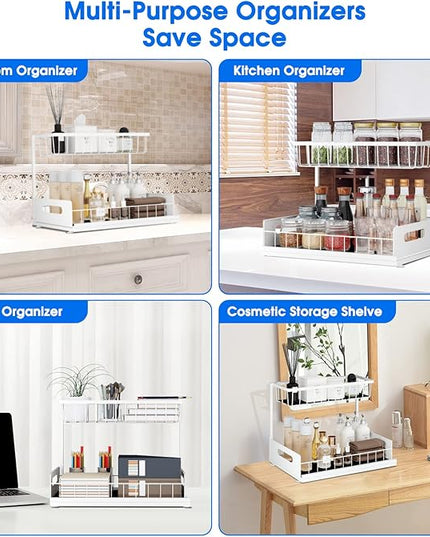 Under Sink Organizer, 2 Tier Pull-Out Cabinet Storage Shelf, Rust-Resistant Metal Organizer for Kitchen Bathroom Laundry Room, No Tools Installation, 1 Pack White