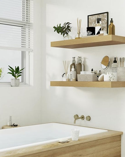 12" Deep Oak Floating Shelves,Over Toilet Long Wall Mounted Modern Farmhouse 36 inches,Wall Shelves with Invisible Brackets for Bedroom, Bathroom, Living Room, Kitchen, Set of 1