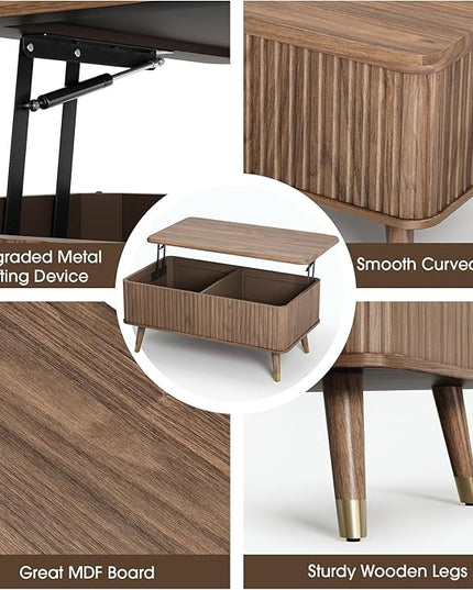 JOINICE Lift Top Coffee Table with Storage, Mid Century Modern Fluted Wood Design,Pop-Up Walnut Center Table with Hidden Compartment for Living Room & Home Office Work/Dining