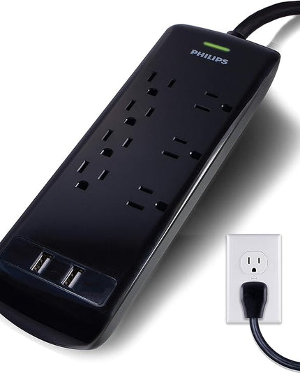 Philips 7 Outlet Power Strip Surge Protector, 2 USB Charging Ports, 4ft Power Cord, Flat Plug, Wall Mount, 1440 Joules, ETL Listed, Circuit Breaker, Automatic Shutdown, Black, SPP6270BC/37