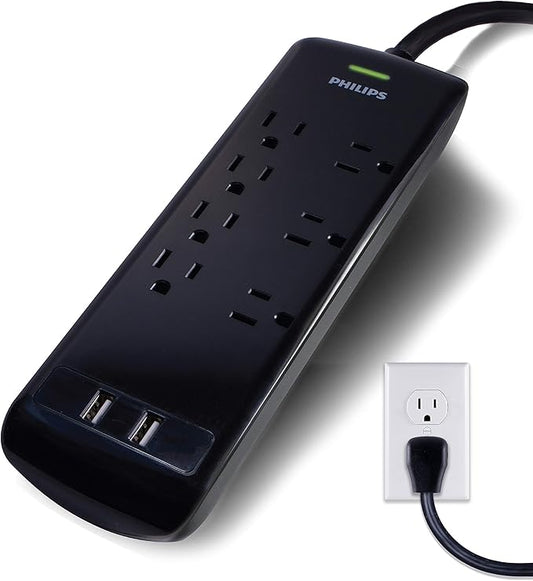 Philips 7 Outlet Power Strip Surge Protector, 2 USB Charging Ports, 4ft Power Cord, Flat Plug, Wall Mount, 1440 Joules, ETL Listed, Circuit Breaker, Automatic Shutdown, Black, SPP6270BC/37