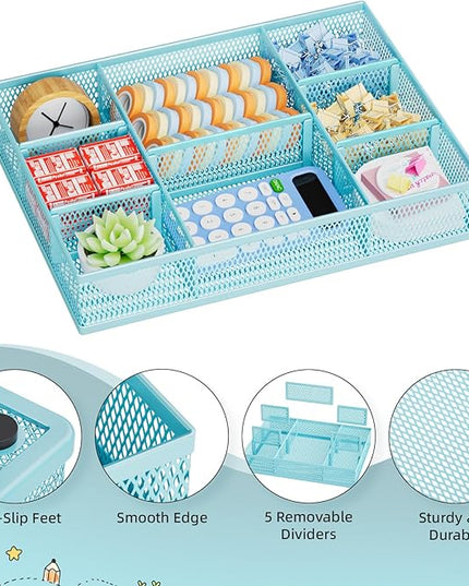 Marbrasse 2 Pack Desk Drawer Organizer, Mesh Drawer Organizer Tray with 8 Adjustable Compartments, Desk Organizers and Accessories, 5 Dividers Drawer for Office Supplies, Makeup & Vanity (Blue)