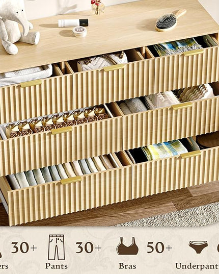 HUANLEGO Fluted Dresser for Bedroom with 7 Drawer, Mid Century Modern Chest of Drawers, 48" Wide Natural Wood Dresser for Closet, Wooden Boho Chest Closet Storage TV Stand for Bedroom, Nature