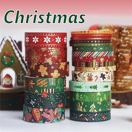 YOUQIWJ 21 Rolls Christmas Gold Foil Washi Tape - Holiday Decor with Snowflake, Deer, Tree Designs - Self-Adhesive Tape for DIY Crafts, Wrapping,Scrapbooking Party Favors